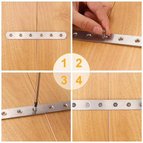 Stainless Steel Flat Brackets 6 Inch Set Of 4 With 24 Countersunk Screws For Furniture Repair and Fixing, installation process.