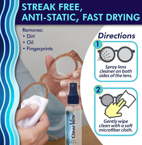 Instructions for using Lens Cleaner Kit With 4 Bottles And 4 Microfiber Cloths For Glasses And Screens shown on a label.