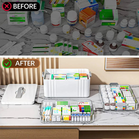 Three Tier Portable Medicine Organizer Cabinet With Detachable Transparent Trays And Sturdy Plastic Handle Perfect For Grab And Go Everyday Use Multipurpose Medical Box For Pills First Aid Supplies At Home Or On The Go ARSTPEOE, showing organized medical supplies