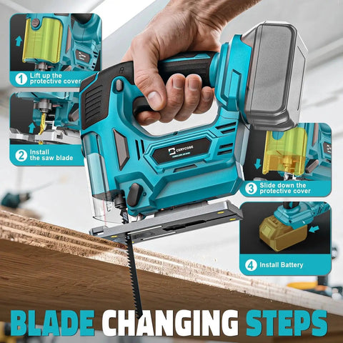 Person changing blade on Cordless Jigsaw With Laser Guide For Makita 18V Battery, Cerycose Compatible Jig Saw with 800W Motor.