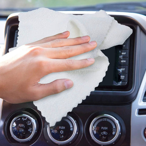 Person cleaning car interior with Edgeless 200 GSM Microfiber Cloths 12x12 Inches Reusable 50 Pack With Dispenser