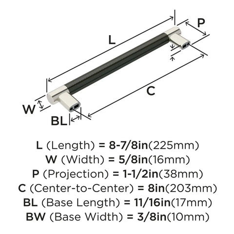 Diagram of Contemporary 8-Inch Center-To-Center Cabinet Pull in Polished Nickel Gunmetal Finish for Cabinets and Drawers, Esquire Series.