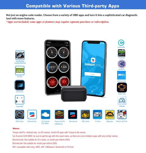 OBD2 Bluetooth Car Diagnostic Scanner For IOS And Android With BLE Read And Clear Check Engine Codes Live Data Freeze Frame O2 Sensor Tests IM Readiness shown with compatible apps on smartphone screens.