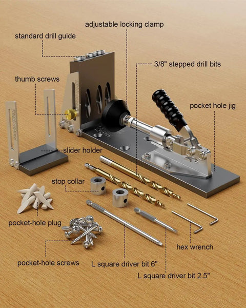 Pocket Hole Jig Kit For Strong Joints With Adjustable Drill Guides, multiple components displayed on wooden surface.