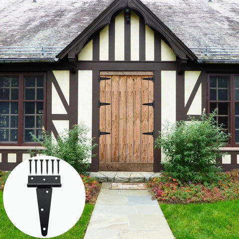 Rustproof Six Pack 6 Inch T Strap Heavy Duty Gate Hinges on barn door, includes 36 screws, ideal for wooden gates and fences