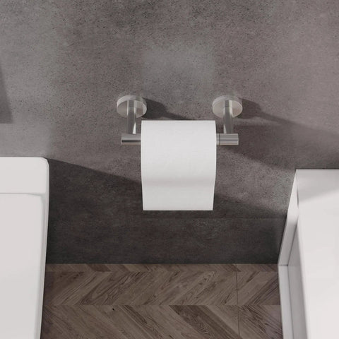 Wall Mount Double Post Pivoting Toilet Paper Holder in Brushed Nickel, SUS304 Stainless Steel Rustproof Design for bathroom use.