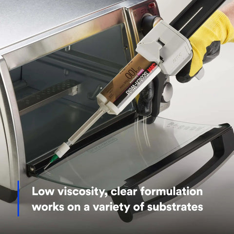 Application of Two-Part Fast Cure Clear Epoxy Adhesive DP100 on an oven door, demonstrating low viscosity self-leveling formula.