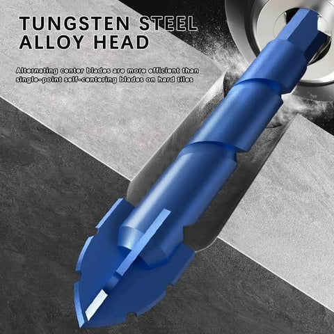 Close-up of a tungsten steel masonry drill bit with serrated design for clean holes in concrete, tile, glass, and more materials.