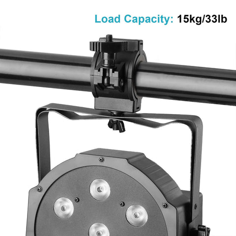 MOUNTAIN_ARK 5-pack stage light clamps on a truss pipe, plastic O clamps for 1–2 in OD pipe with 33 lb load capacity