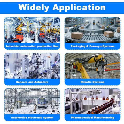 Collage showing industrial applications: automation production line, packaging system, sensors, robotics, automotive electronics, pharmaceutical manufacturing.