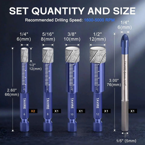 Pro Grade Dry Diamond Drill Bit Set for Porcelain Tile Glass Ceramic Stone and Concrete with Vacuum Brazed Bits, 6 Piece