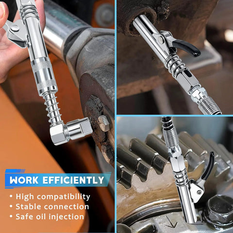Grease Gun Fittings Accessory Kit with 12-inch hose, 90-degree coupler, needle dispenser and 2 needle nozzle tips.