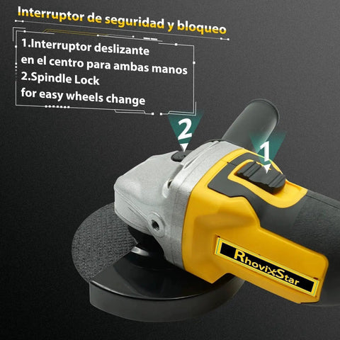 Cordless Brushless Angle Grinder Three Eighths Inch With 4 Variable Speeds For Cutting Grinding Polishing And Rust Removal Runs On Makita 18V Batteries Longer Motor Life Faster Heat Dissipation Perfect For Pros And DIYers, side view showing spindle lock and safety switch.