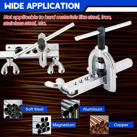 All In One Brake Line Flaring Tool Kit With Tubing Cutter for Copper Aluminum Brass Magnesium and Soft Steel displayed with materials.