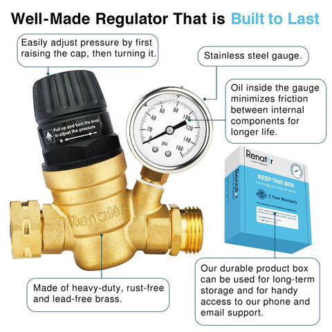 Renator RV water pressure regulator with gauge, brass lead-free body for camper use