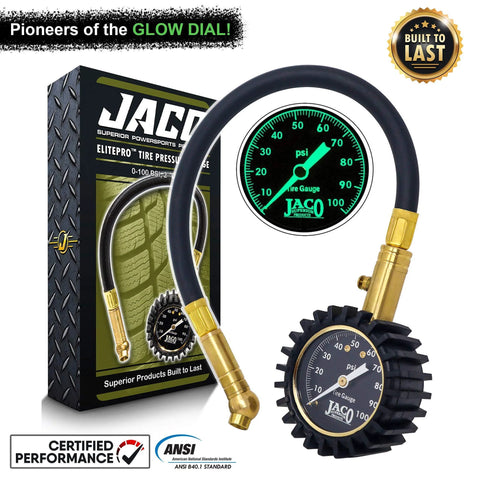 JACO ElitePro tire pressure gauge kit with glow dial, 0–100 psi and brass hose fittings
