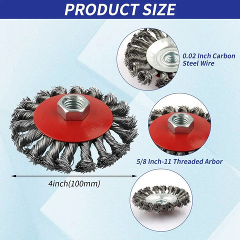 Three Pack 4 Inch Wire Wheel Brush For Angle Grinders With Five Eighths Inch Arbor Carbon Steel Wire 0.02 Inch For Tough As Nails Rust Removal Deburring And Surface Prep Wenora, red and silver wheel with product measurements and details.