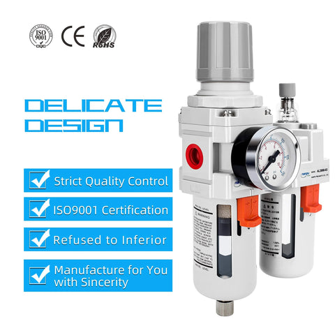 NANPU 3/8" NPT air filter regulator lubricator combo with gauge, gray poly bowls, semi-auto drain, two-unit design.