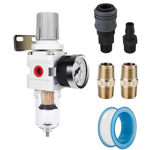 NANPU 1/4" NPT air filter regulator combo with gauge and clear poly bowl; includes brass fittings and blue seals.