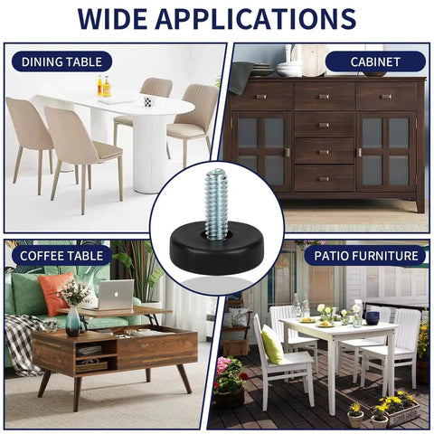 Adjustable 1/4-20 Thread Furniture Feet Levelers used on dining tables, cabinets, coffee tables, and patio furniture
