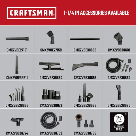 Grid of vacuum tool accessories with 1.25 in fittings, showcasing a variety of attachments for wet dry vacs, labeled by model.