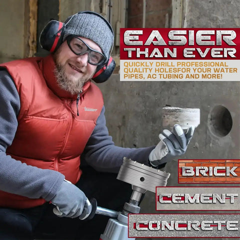 Man holding Durable Concrete Hole Saw Kit Set Of Twenty With Three Drill Bits And SDS Plus And SDS Max Shank For Masonry Drilling.