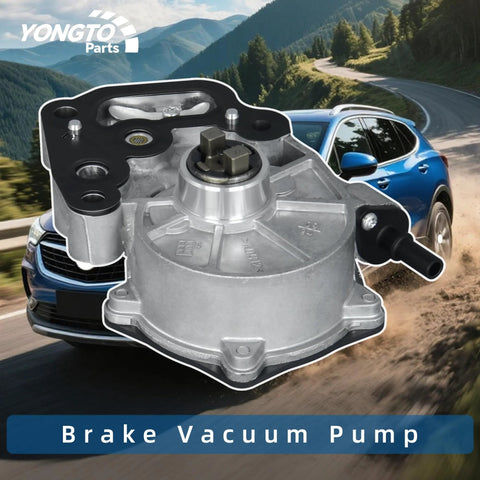 Brake vacuum pump, silver housing with black top; Yongtoparts unit, front view, fits Chevy Malibu/Cruze/Equinox; GMC Terrain.