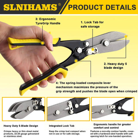 Five Blade Hand Crimper For Sheet Metal Ductwork And Stove Pipe Built Tough For 24 To 28 Gauge Ducts Downspouts And Gutter End Caps Ten Point Five Inch Crimping Tool Ideal For HVAC Projects shown with ergonomic handle, heavy duty design, and integrated lock tab