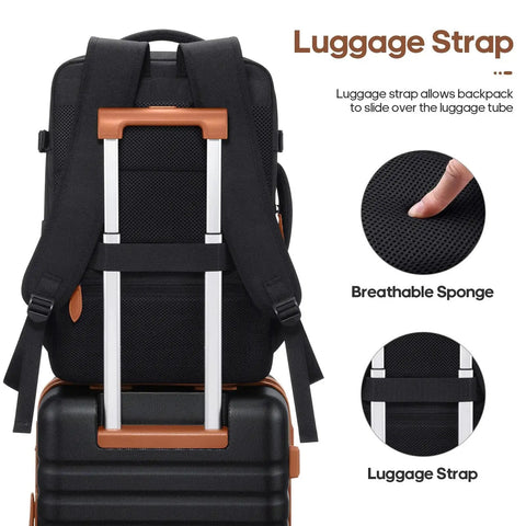 Three Piece Luggage Set With 20 Inch Carry On Spinner Wheels PC Hardside Suitcase TSA Lock Durable Travel Setup Includes 18 Inch Backpack And Toiletry Bag Black For Men Fits Overhead Bin And Underseat, showing backpack on suitcase with luggage strap