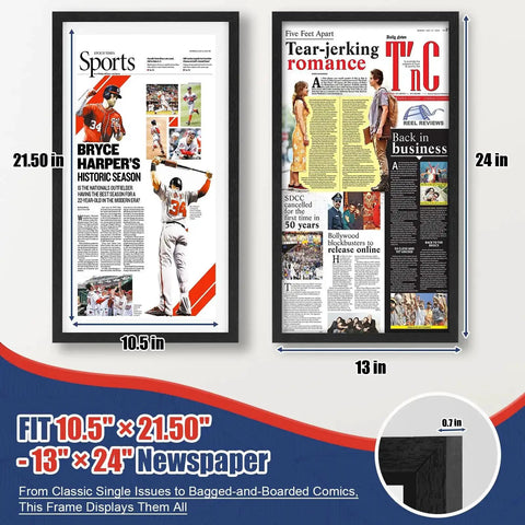 Newspaper Display Frame with Premium Wood and Acrylic Panel, fits 10.5 by 21.5 to 13 by 24 inches, wall or tabletop, white