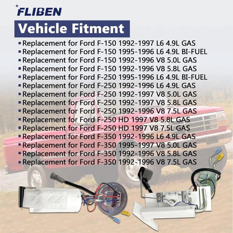 Diagram of front and rear fuel pump assembly replacement for Ford F-150, F-250, F-350 1992-1997 with vehicle fitment list.