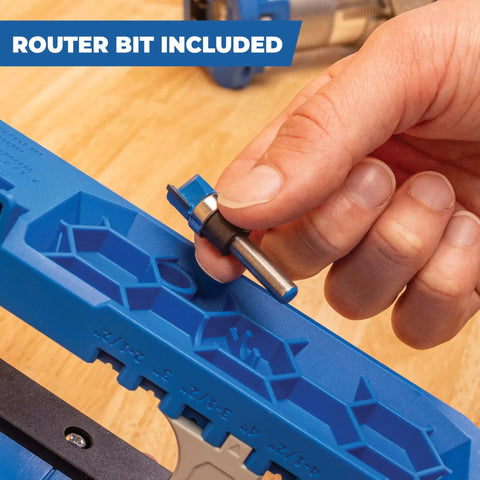 Close-up of adjustable door hinge routing jig with depth guide, showcasing router bit included, ideal for precise mortises.