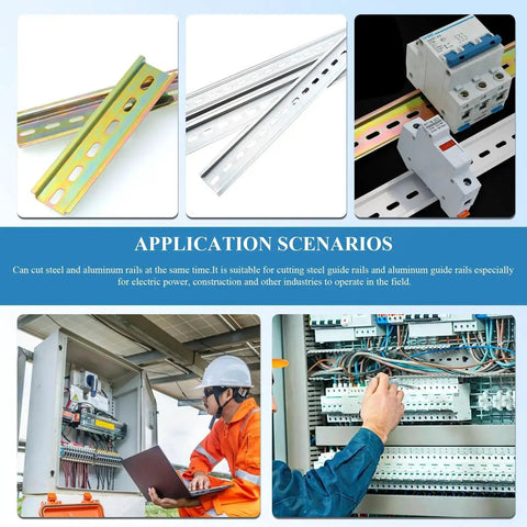 Manual DIN Rail Cutter With Anti Slip Handle And 50cm Ruler used for cutting 35mm steel and aluminum DIN rails shown in application scenarios.