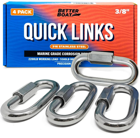 316 Stainless Steel Locking D Shape Chain Link Clips Four Pack Heavy Duty Quick Links Threaded Connectors packaging and links