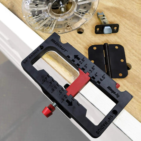 Self Clamping Door Hinge Jig With Pro Grade Adjustments And Latch Templates on door, includes mortise bits, hinge, and latch.