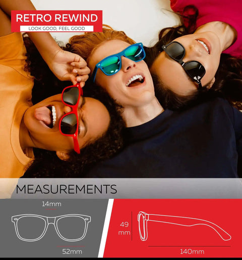 Polarized Sunglasses For Men And Women With UV400 Protection, Classic Vintage 80s Shades worn by three people, size chart included