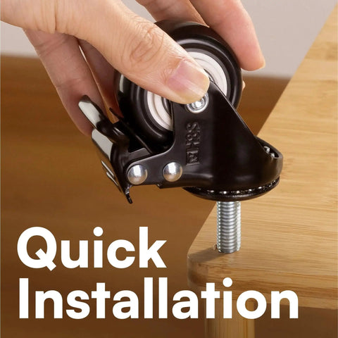 Installation of Heavy-Duty Caster Wheels With Brakes For Trolleys And Outdoor Furniture on wooden furniture piece