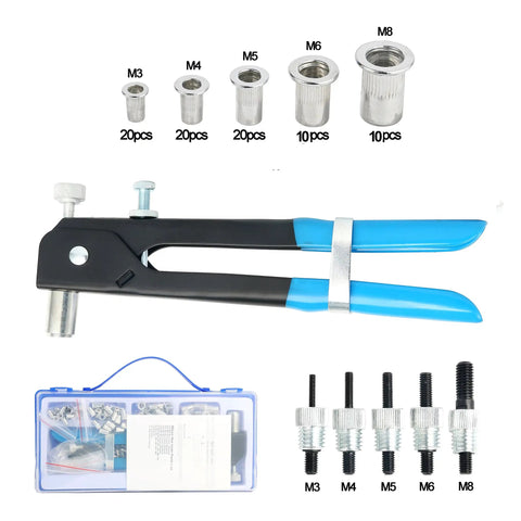Heavy Duty Blind Rivet Nut Kit Set With 86 Pieces Including 80 Rivet Nuts M3 M4 M5 M6 M8, Pro Grade Rivet Nut Gun And Riveter Tool