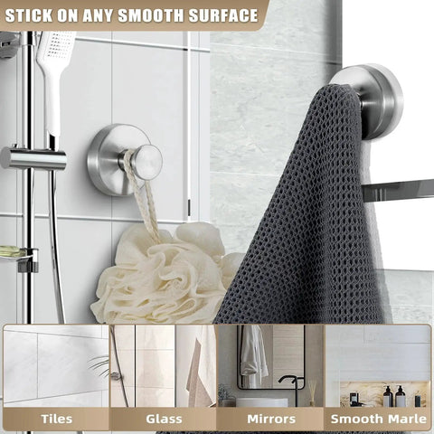 Suction Cup Hooks for Shower and Bathroom No Drill Installation with towel and loofah on smooth tile, ideal for renters