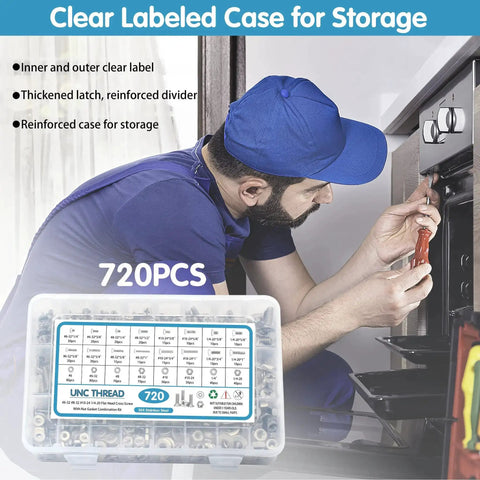 Technician using 720 Piece Stainless Steel Nuts And Bolts Assortment Kit With 16 SAE Sizes for DIY home repair.