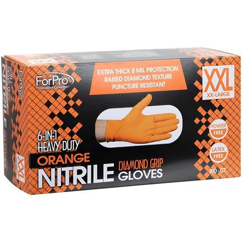 Box of Heavy Duty Nitrile Gloves 8 Mil Diamond Grip Latex Free Orange XXL 100 Count showing front packaging
