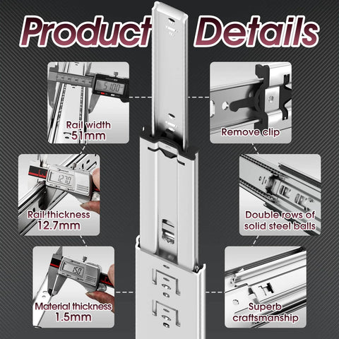 Heavy Duty Drawer Slides 20 Inch Full Extension Ball Bearing Rails Side Mount Cabinet Glides details with measurements