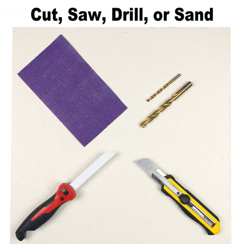 Purple ceramic fiber insulation board (20x20x3/4 in) with two drill bits and two utility knives.