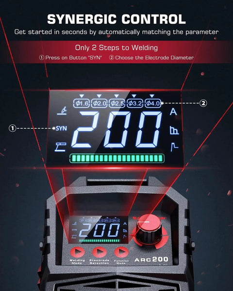 Large LED display of Dual Arc And Lift TIG Welder With Synergic Control, 200A MMA Inverter Welder, showing setup controls.