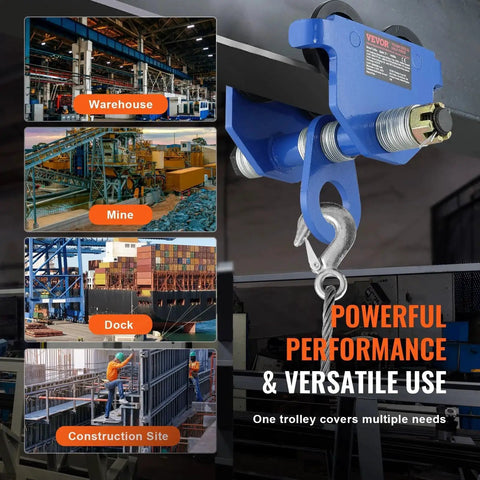 Manual Trolley For I Beam 2200 Lb Capacity, 1 Ton Load, Dual Wheel Heavy Duty Alloy Steel Construction displayed in use at various industrial sites.