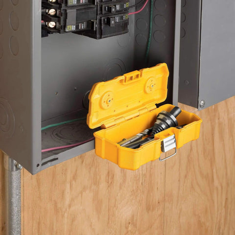 Impact Driver Bit Set With Magnetic Tough Case, 15-Piece Carbide Tipped Bits in a utility panel, durable case open