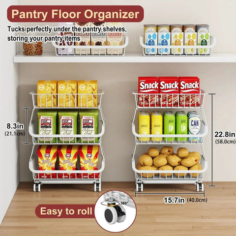3-Tier Rolling Pantry Cart With Wheels For Kitchen Organization And Storage, White Wire Shelving Filled with Snacks and Potatoes