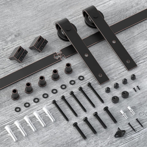 Orb Oil Rubbed Bronze Sliding Barn Door Hardware Kit With 6.6 Foot Track Rails Brushed Antique Bronze Finish shown uninstalled on wood surface.