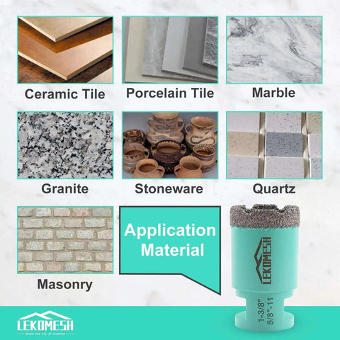 Pro Grade Diamond Core Drill Bits Set For Porcelain Tile And Ceramic Tile With 25mm And 35mm Bits, 50mm Chamfer, 20mm Milling, 5/8-11 Thread on application materials including ceramic, porcelain, marble, granite, stoneware, quartz, and masonry.