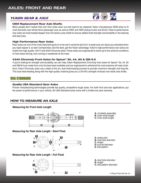 Technical specifications and instructions for Yukon Gear & Axle front and rear axle shafts, including diagrams for measuring.